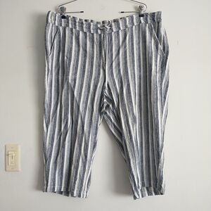 Per Se Pull On Capri Pants Woman 2X Blue Striped LinenBlend WideLeg Drawstring